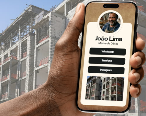 Cartão de visita digital do Acha Obras com botões de WhatsApp, telefone e Instagram