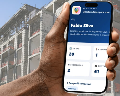 Tela do app Acha Obras mostrando relatório com 20 obras e 61 contatos